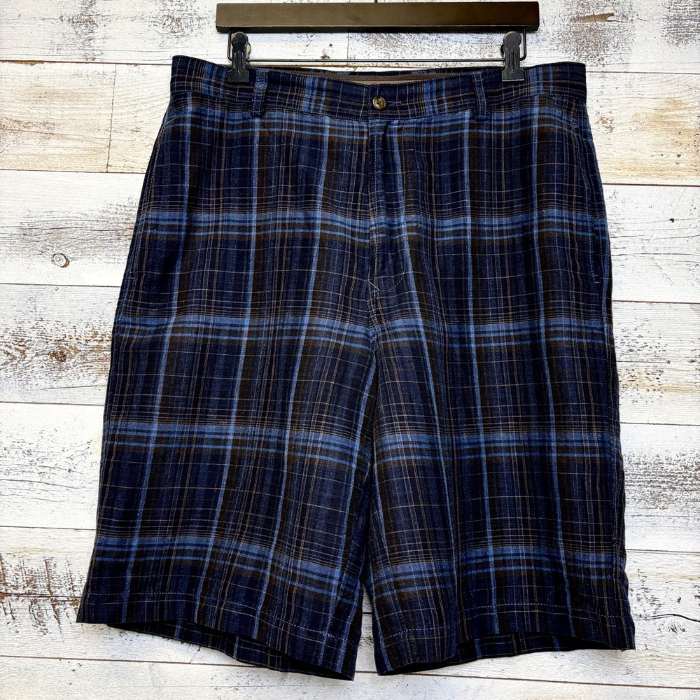 Tommy Bahama Blue Plaid Linen Silk Shorts Men’s Size 35 Flat Front 11 In. Inseam